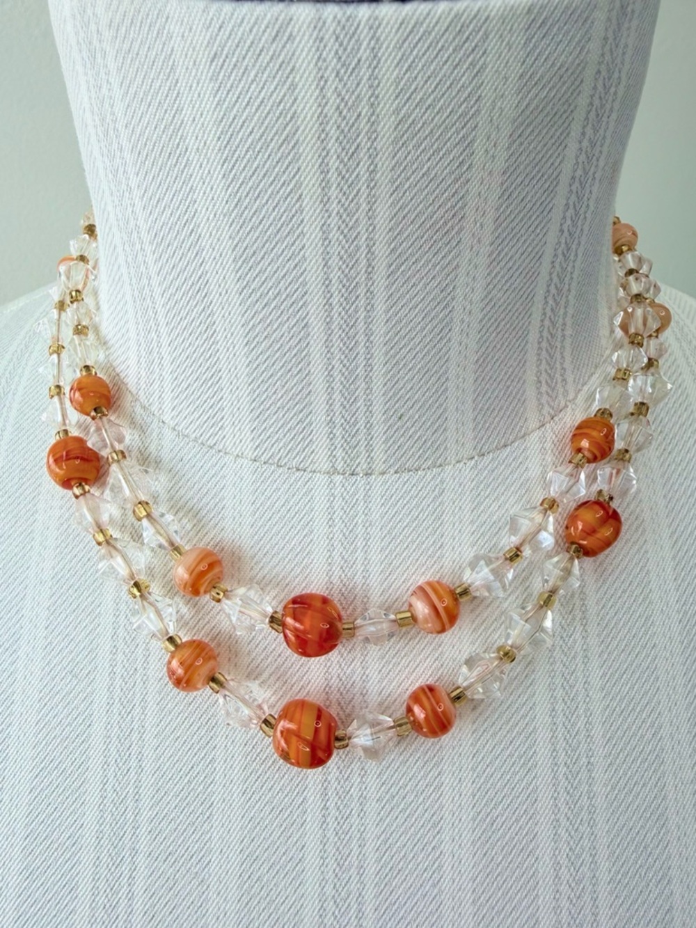 Vintage 1950s Japan Double Strand Orange Swirl Art Glass Adjustable Necklace-